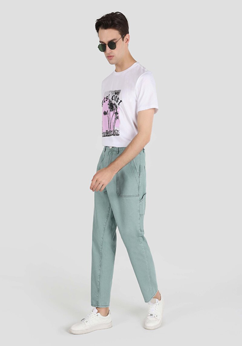 Worker Fit Orta Bel Düz Paça Erkek Yeşil Jean Pantolon