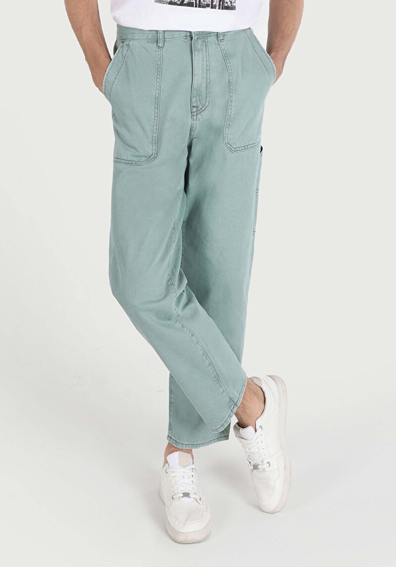 Worker Fit Orta Bel Düz Paça Erkek Yeşil Jean Pantolon