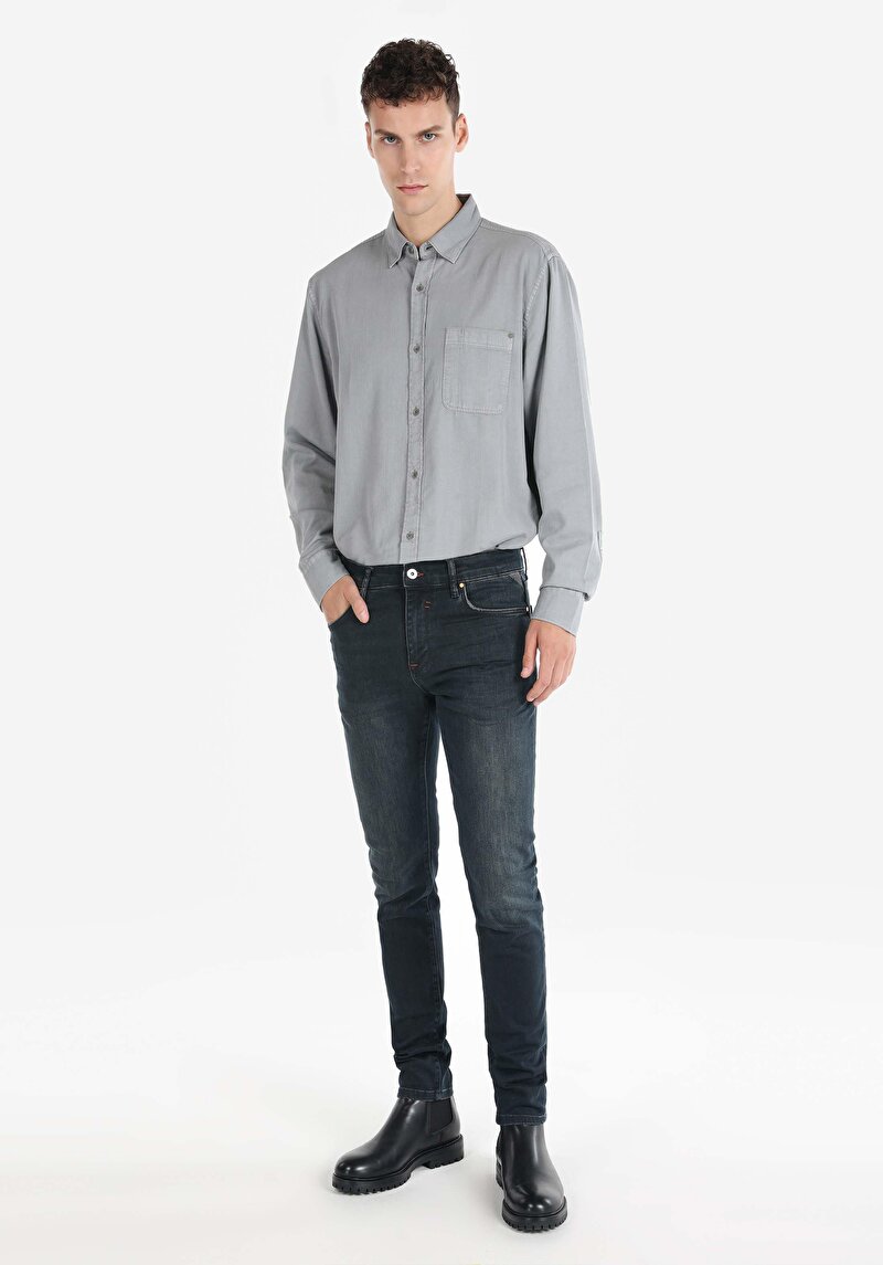 Slim Fit Düşük Bel Dar Paça Erkek Koyu İndigo Jean Pantolon