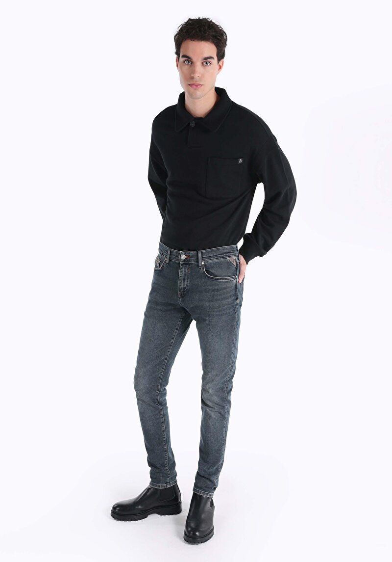 Slim Fit Düşük Bel Dar Paça Erkek Koyu İndigo Jean Pantolon