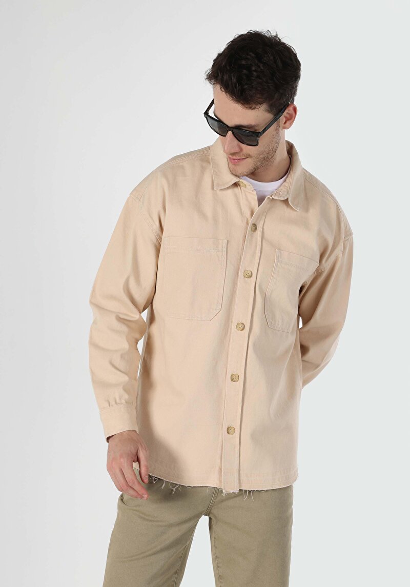 Oversize Fit Klasik Yaka Erkek Bej Denim Uzun Kollu Gömlek