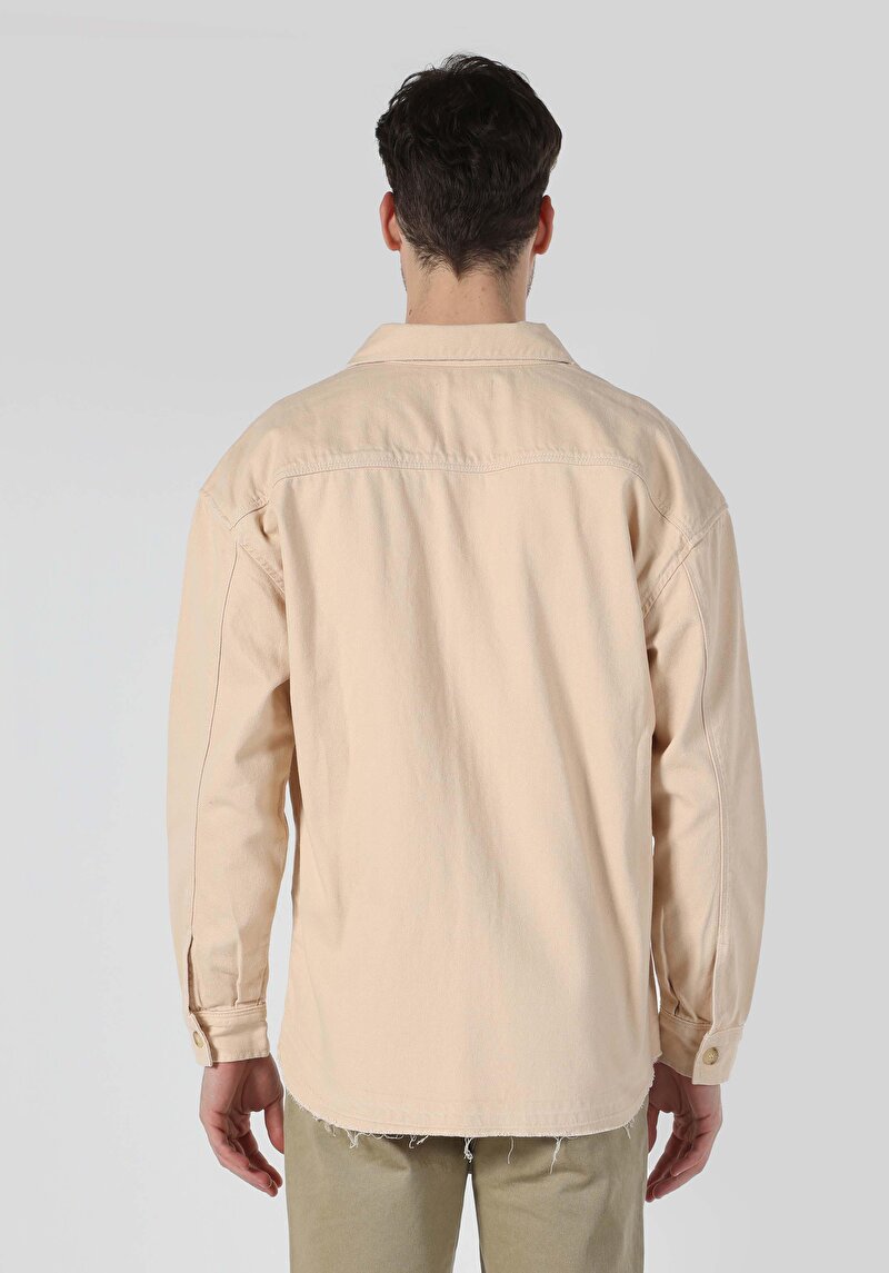 Oversize Fit Klasik Yaka Erkek Bej Denim Uzun Kollu Gömlek