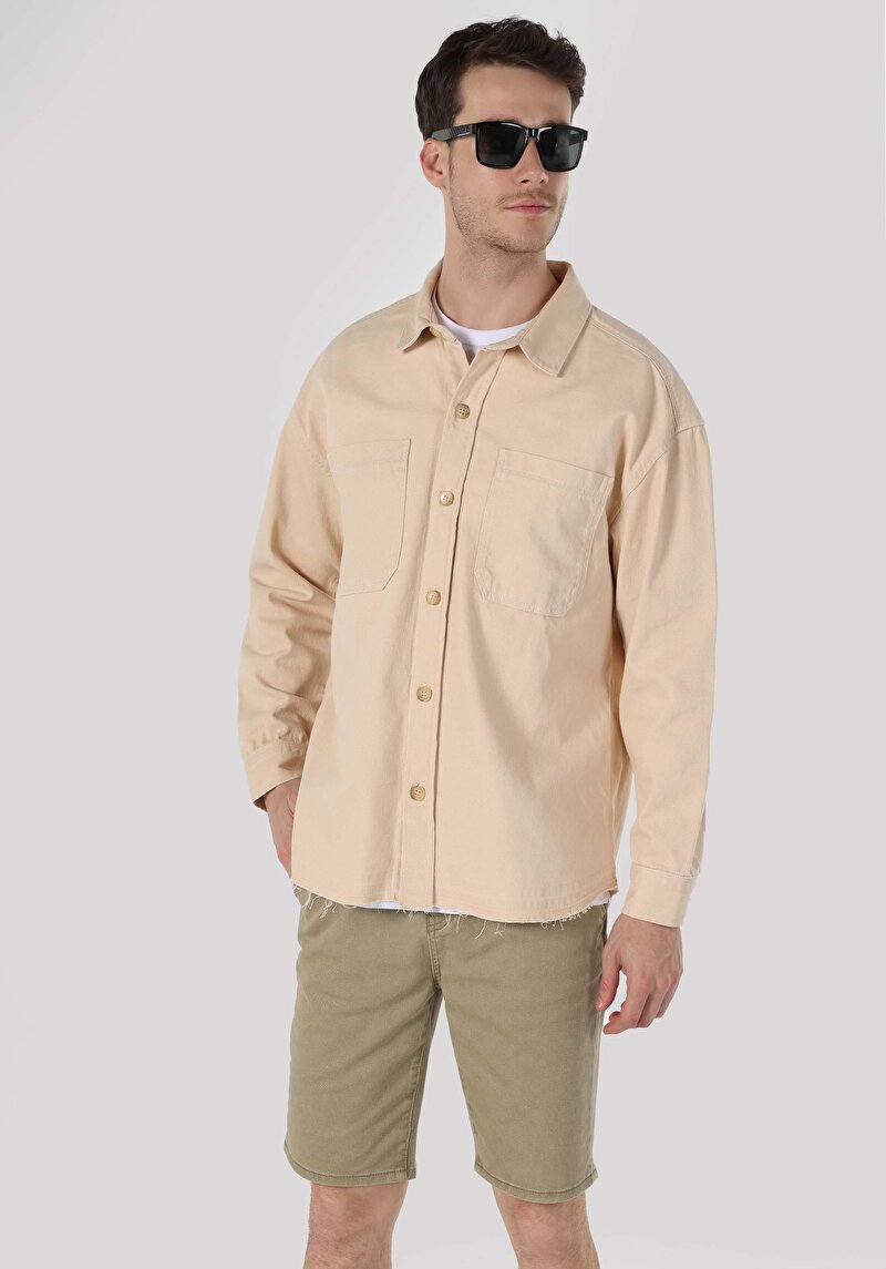 Oversize Fit Klasik Yaka Erkek Bej Denim Uzun Kollu Gömlek