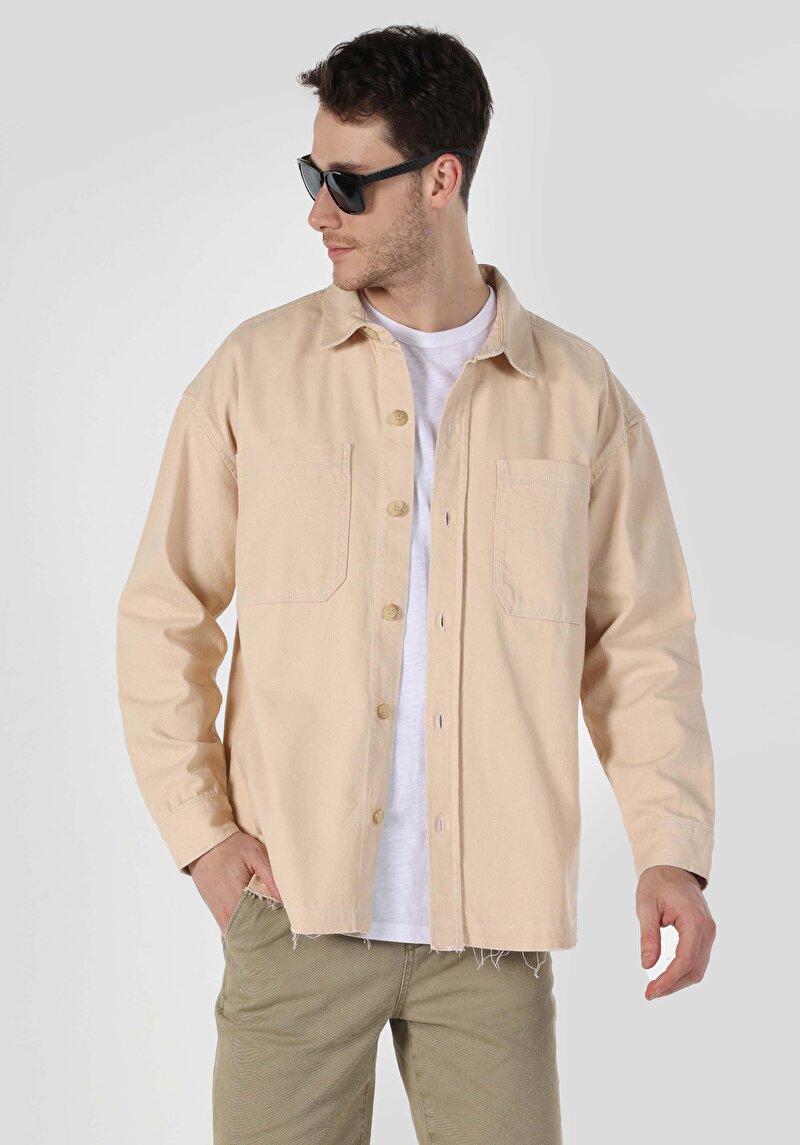 Oversize Fit Klasik Yaka Erkek Bej Denim Uzun Kollu Gömlek