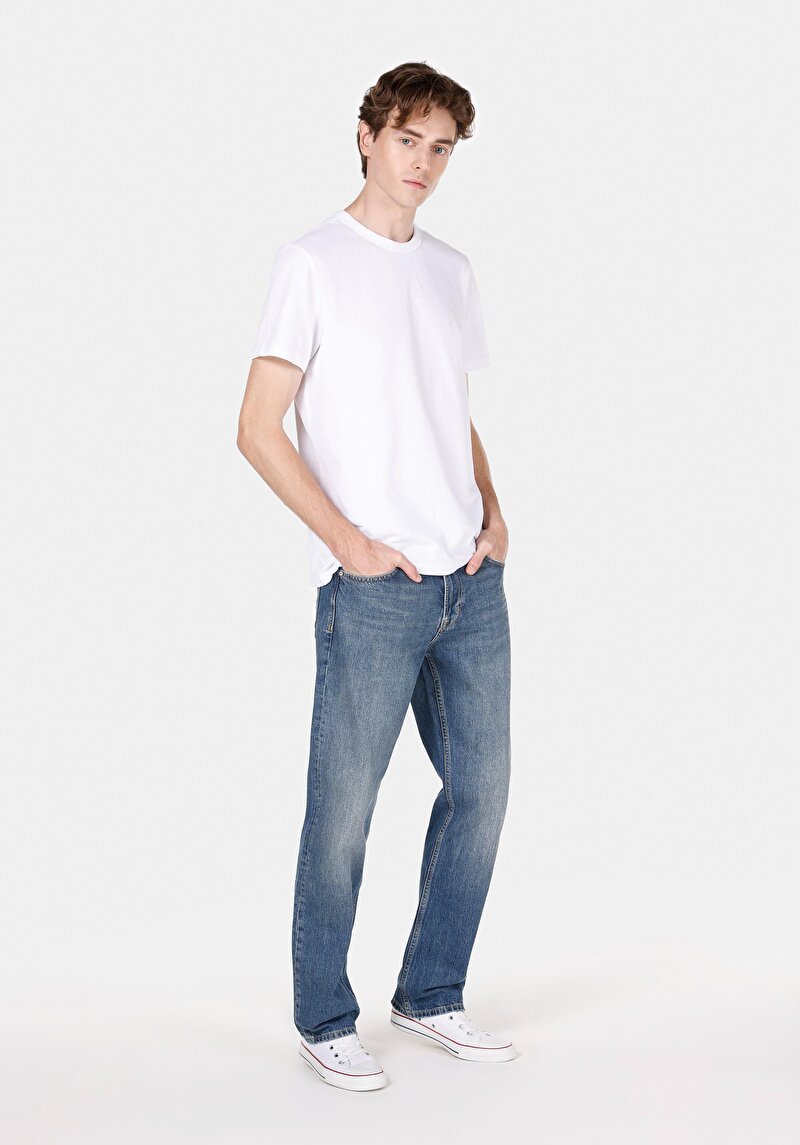 Regular Fit Orta Bel Düz Paça Erkek İndigo Jean Pantolon