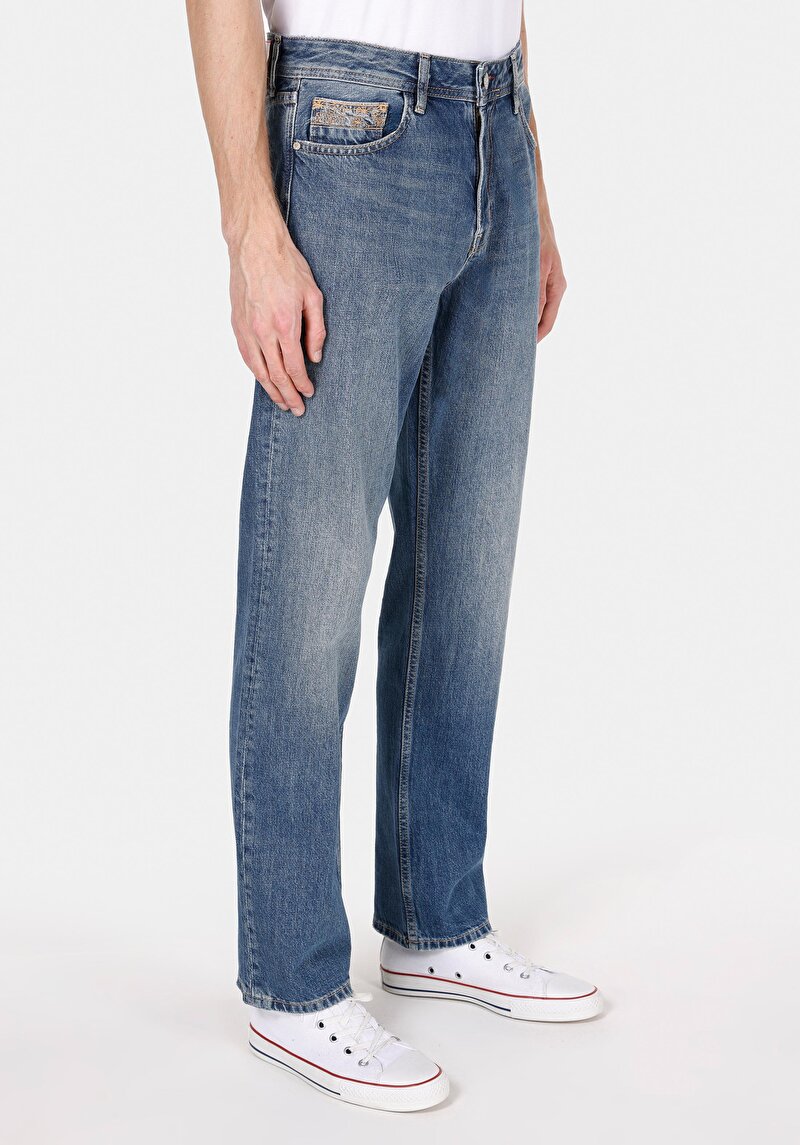 Regular Fit Orta Bel Düz Paça Erkek İndigo Jean Pantolon