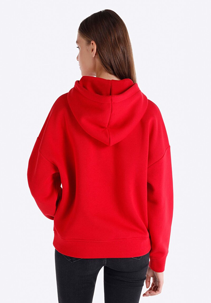 Regular Fit Kapüşonlu Baskılı Kadın Kirmizi Sweatshirt