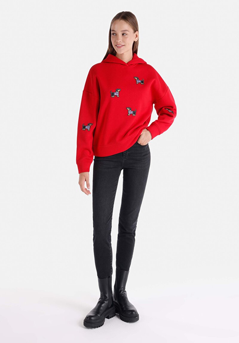 Regular Fit Kapüşonlu Baskılı Kadın Kirmizi Sweatshirt