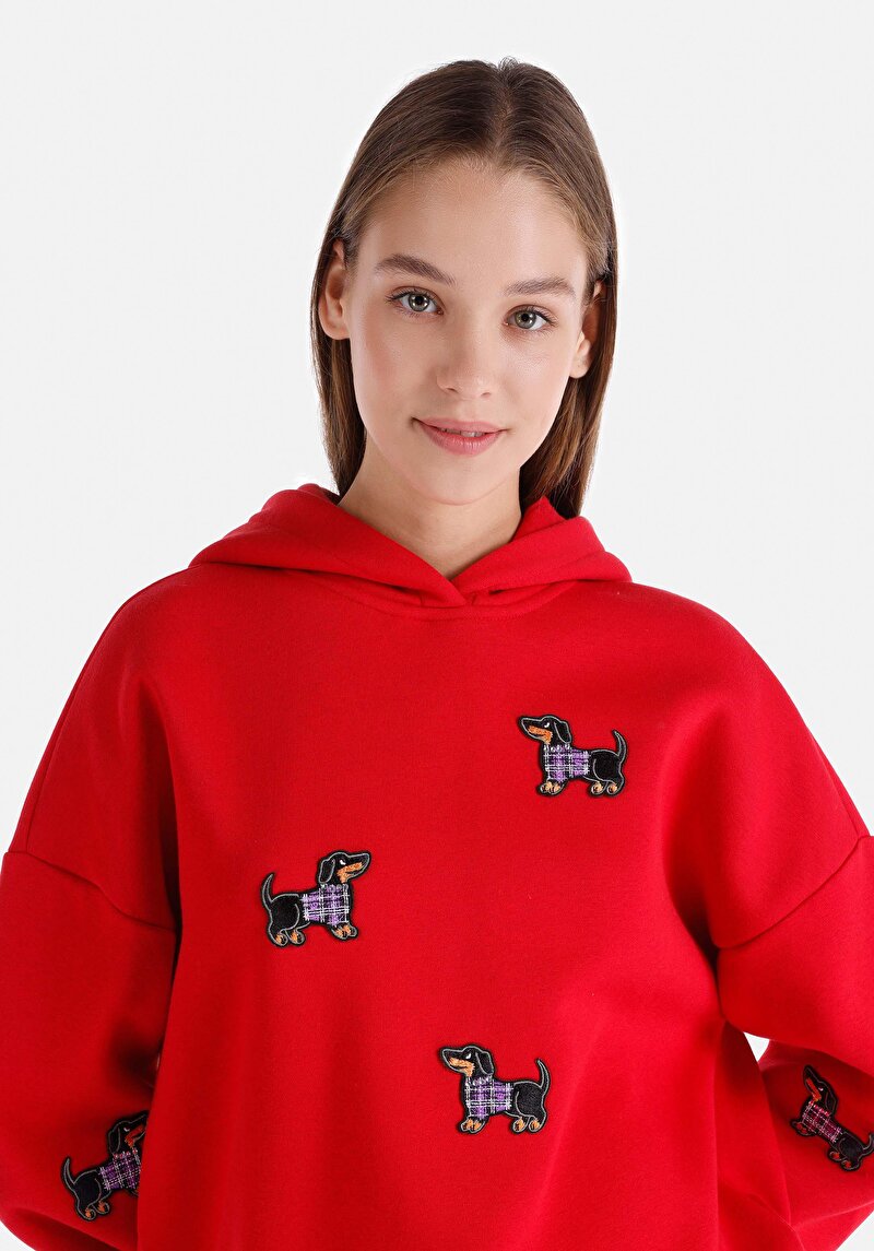Regular Fit Kapüşonlu Baskılı Kadın Kirmizi Sweatshirt