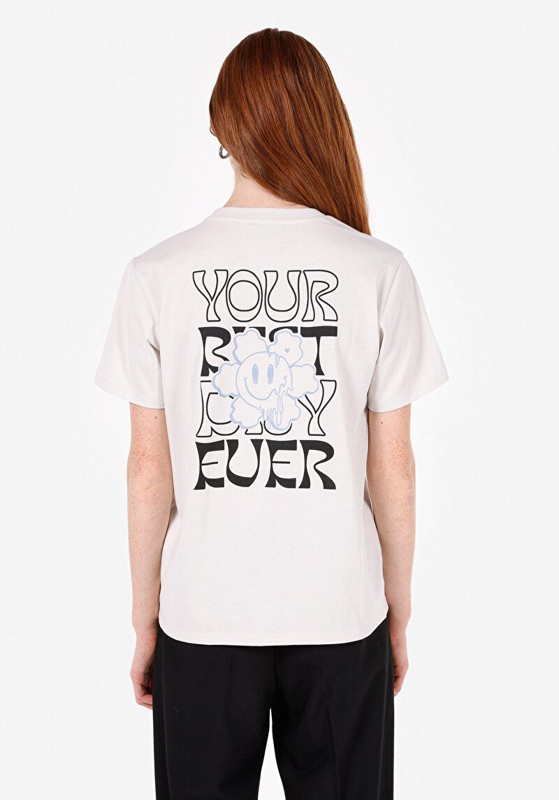 Regular Fit Yuvarlak Yaka Baskılı Kadın Taş Kısa Kol Tişört