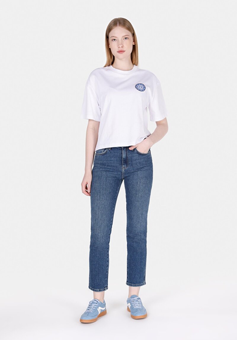 Slim Fit Orta Bel Daralan Paça Kadın İndigo Jean Pantolon