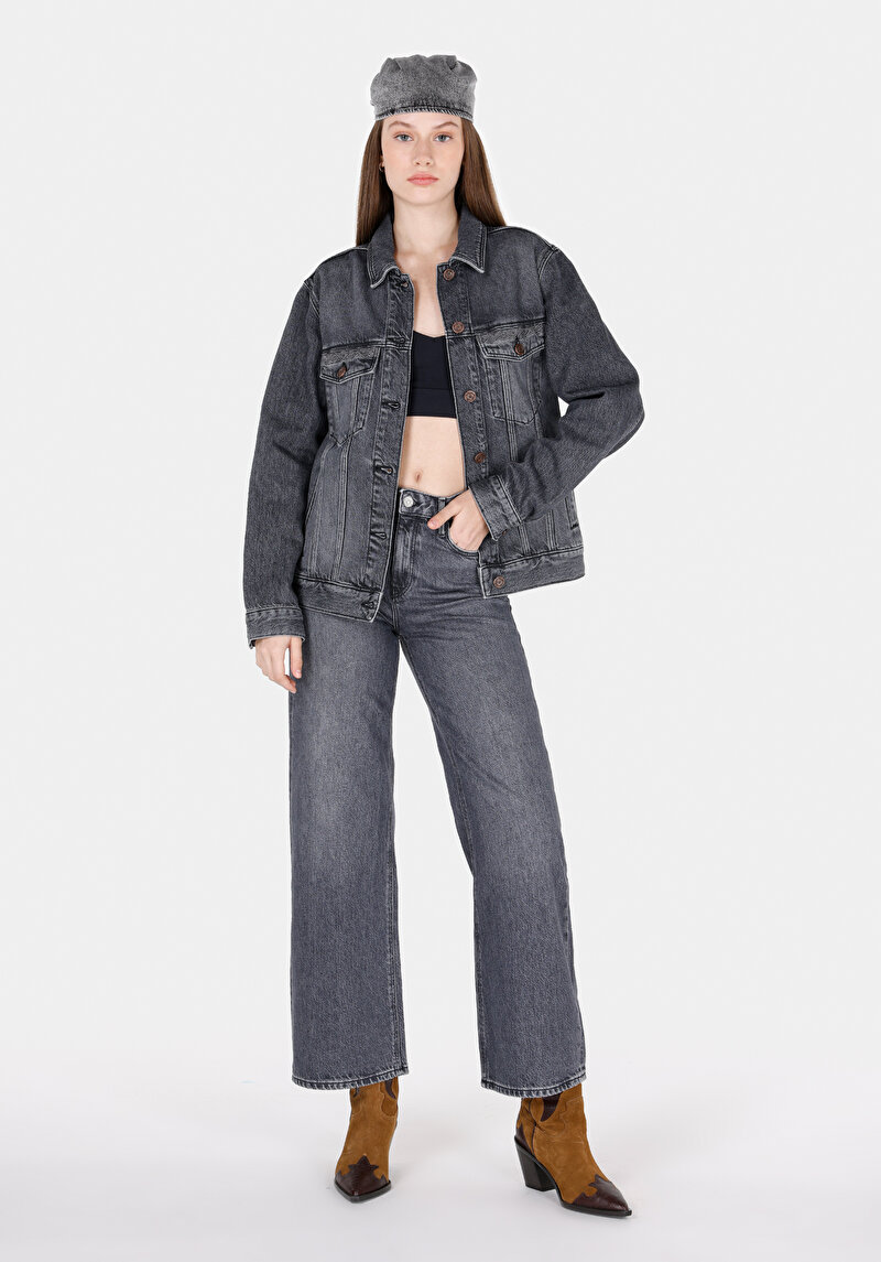 Regular Fit Yüksel Bel Geniş Paça Kadın Siyah Jean Pantolon