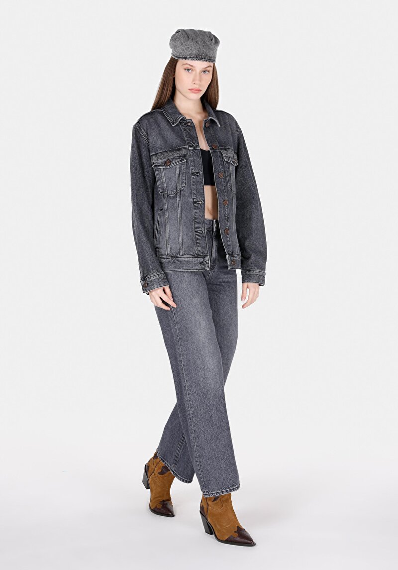 Regular Fit Yüksel Bel Geniş Paça Kadın Siyah Jean Pantolon