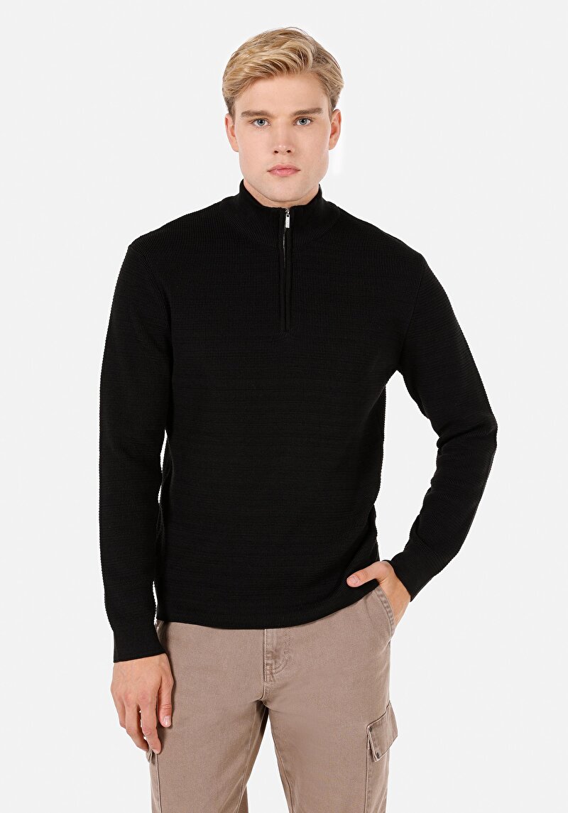 Regular Fit Turtle Neck Düz Erkek Siyah Kazak