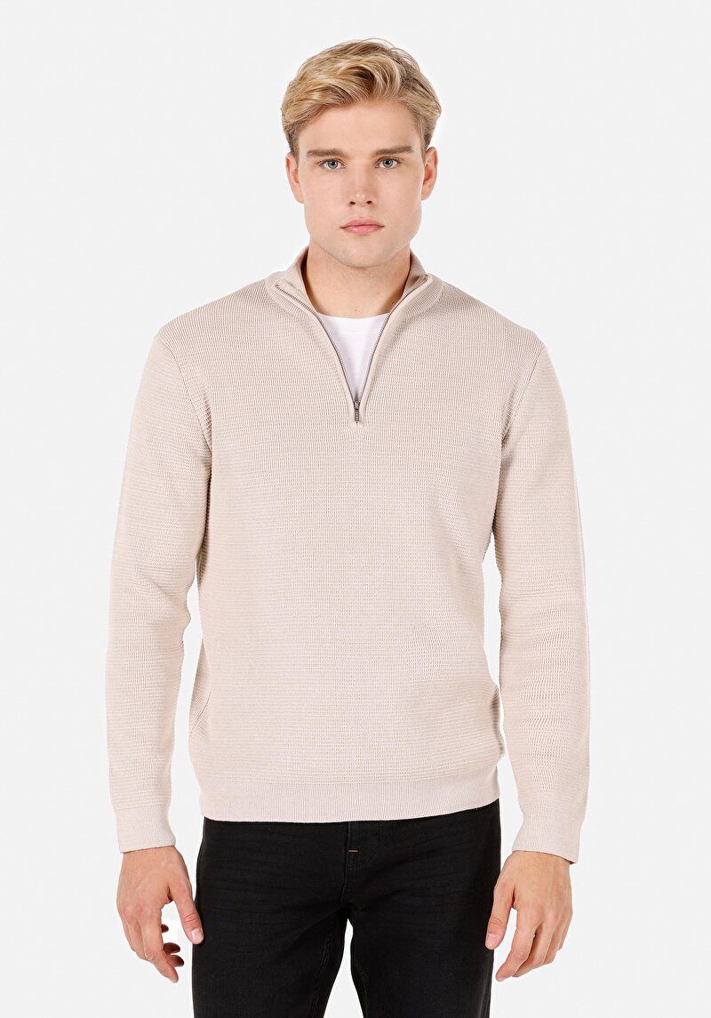 Regular Fit Turtle Neck Düz Erkek Ekru Kazak