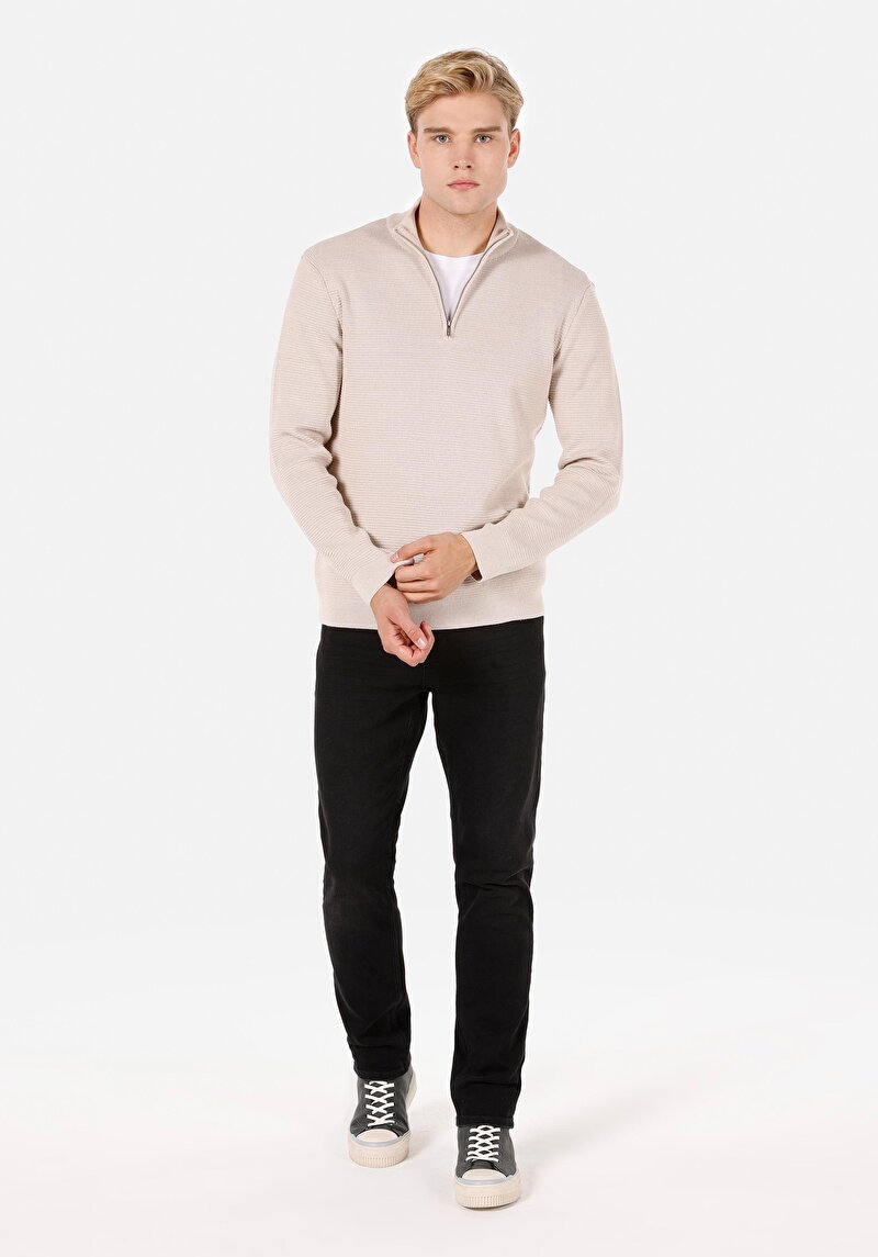 Regular Fit Turtle Neck Düz Erkek Ekru Kazak