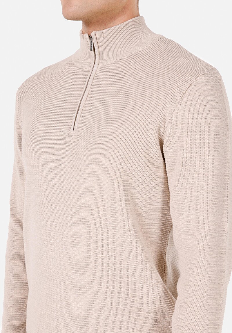 Regular Fit Turtle Neck Düz Erkek Ekru Kazak