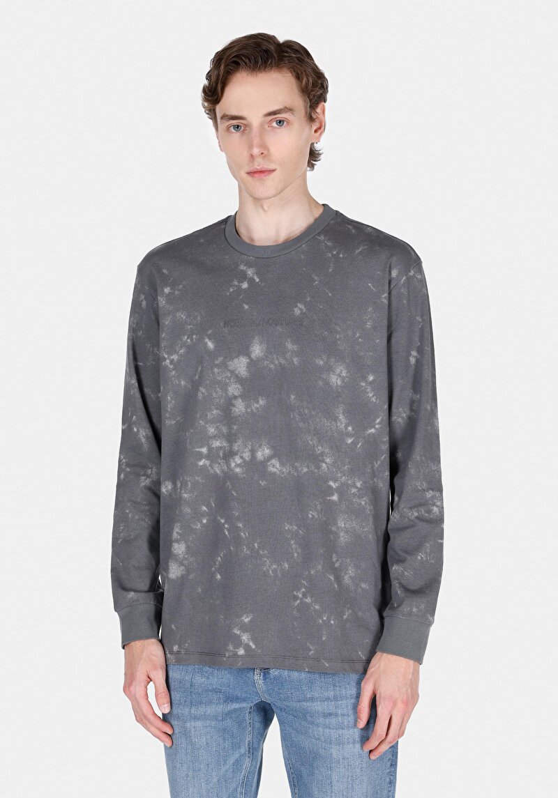 Comfort Fit Yuvarlak Yaka Düz Erkek Gri Uzun Kol Tişört