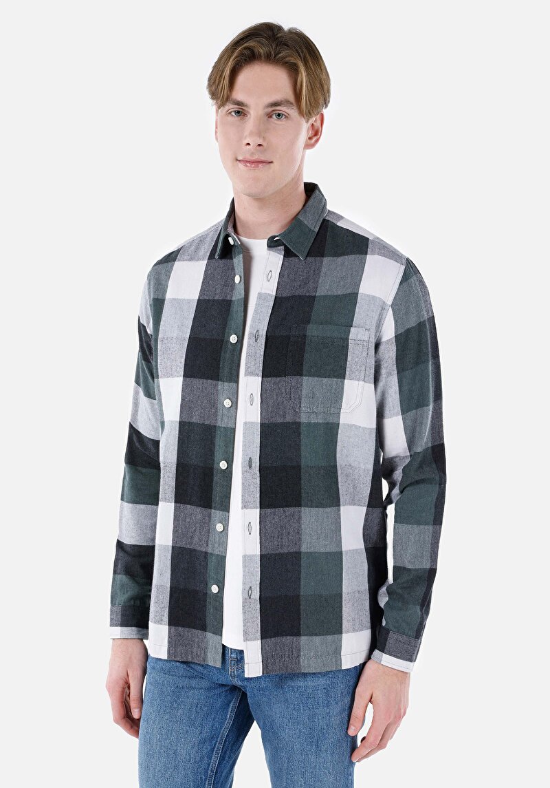 Regular Fit Pamuklu Shirt Neck Kareli Erkek Yeşil Uzun Kol Gömlek