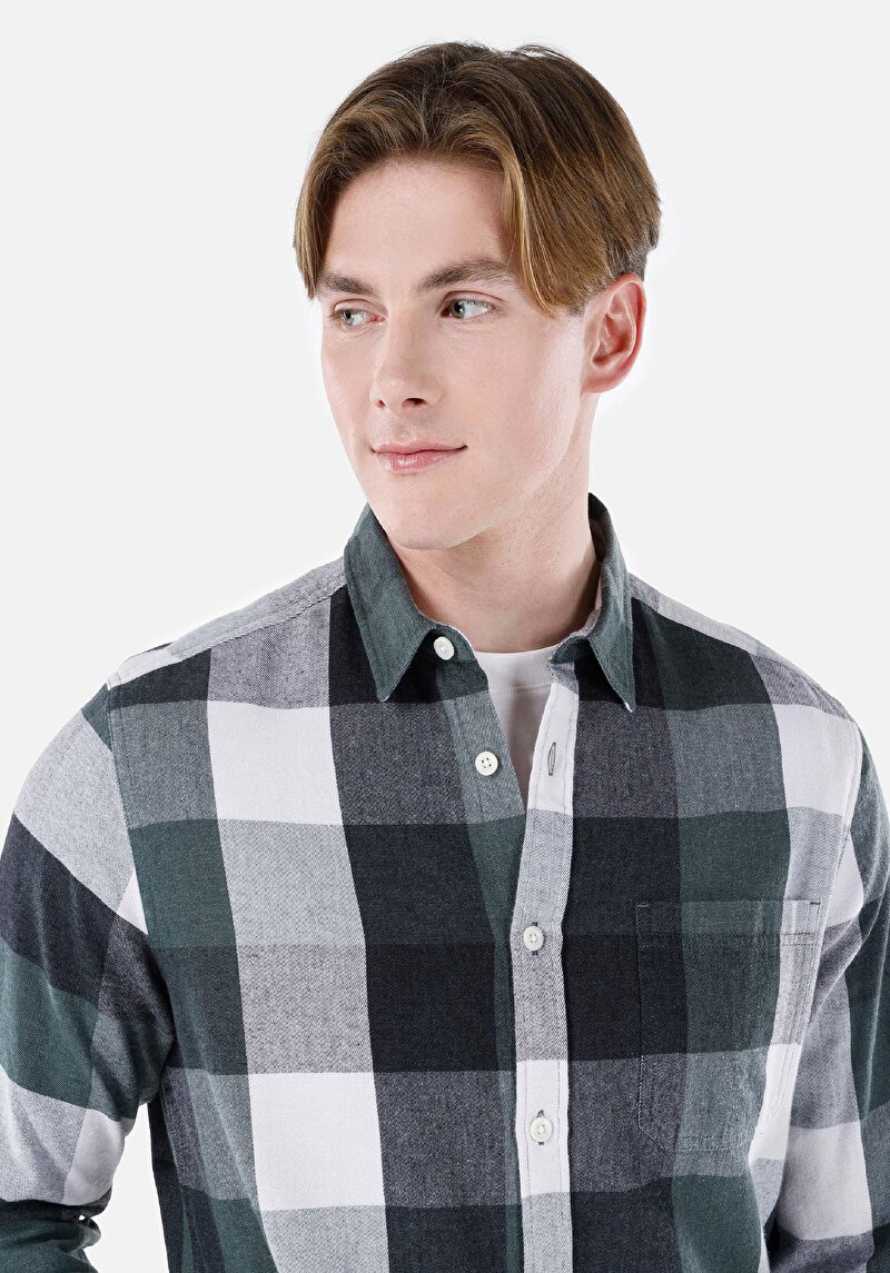 Regular Fit Pamuklu Shirt Neck Kareli Erkek Yeşil Uzun Kol Gömlek