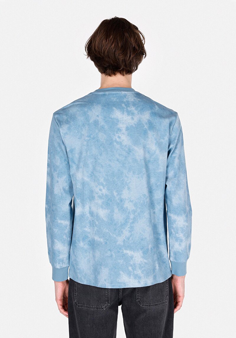 Comfort Fit Yuvarlak Yaka Düz Erkek Mavi Uzun Kol Tişört