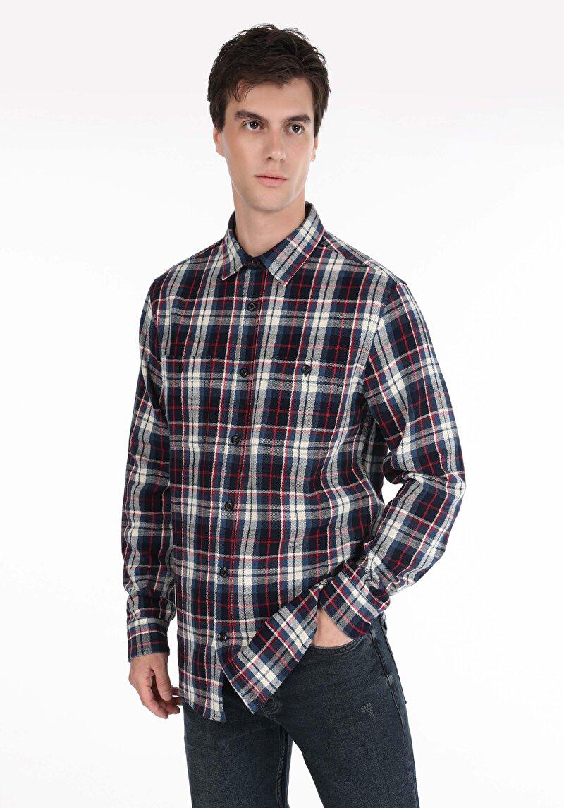 Regular Fit Shirt Neck Ekoseli Erkek Mavi Uzun Kol Gömlek