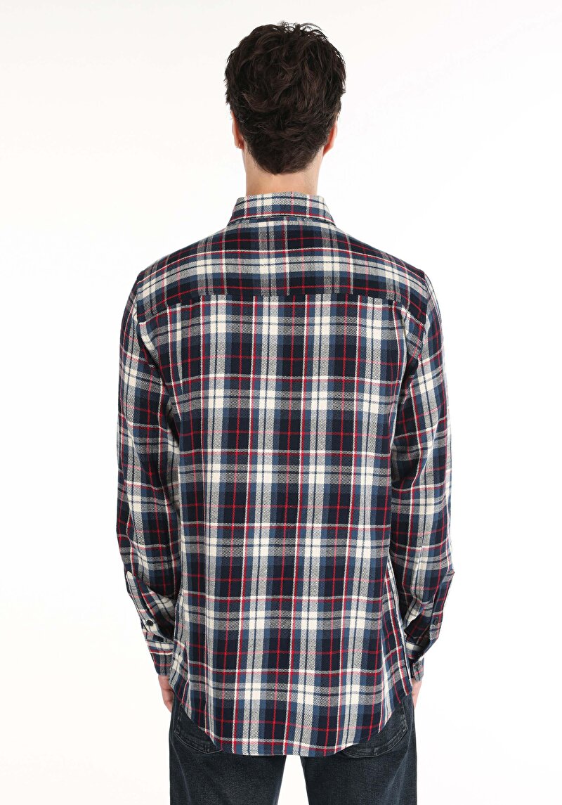 Regular Fit Shirt Neck Ekoseli Erkek Mavi Uzun Kol Gömlek