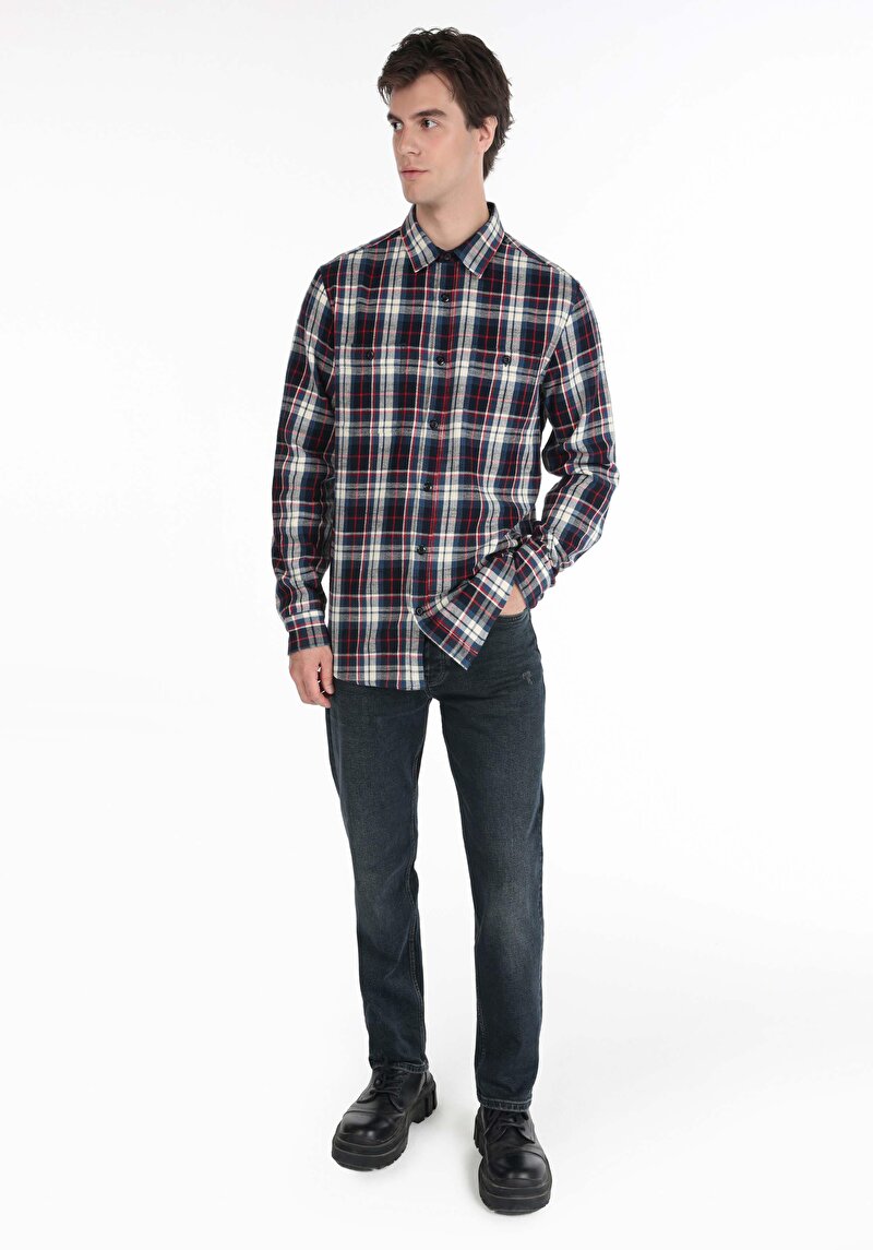 Regular Fit Shirt Neck Ekoseli Erkek Mavi Uzun Kol Gömlek