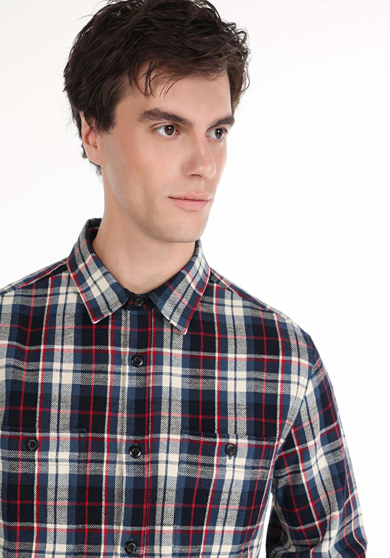 Regular Fit Shirt Neck Ekoseli Erkek Mavi Uzun Kol Gömlek