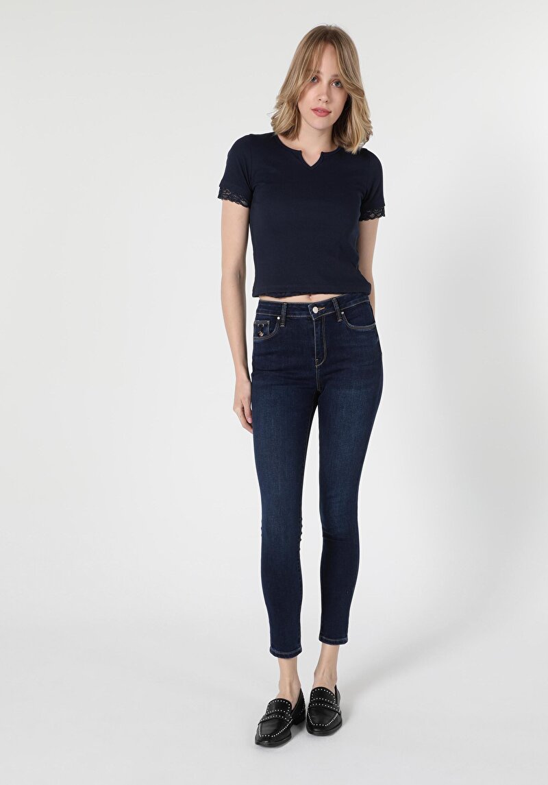 Super Slim Fit Orta Bel Dar Paça Kadın İndigo Jean Pantolon