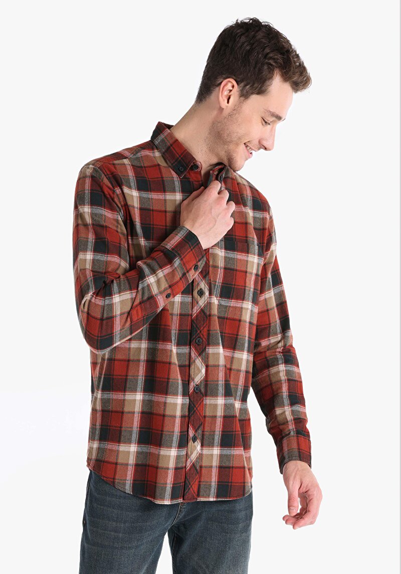 Regular Fit Pamuklu Shirt Neck Ekoseli Erkek Turuncu Uzun Kol Gömlek