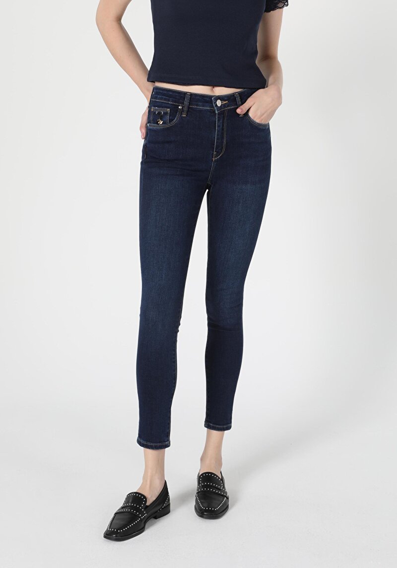 Super Slim Fit Orta Bel Dar Paça Kadın İndigo Jean Pantolon