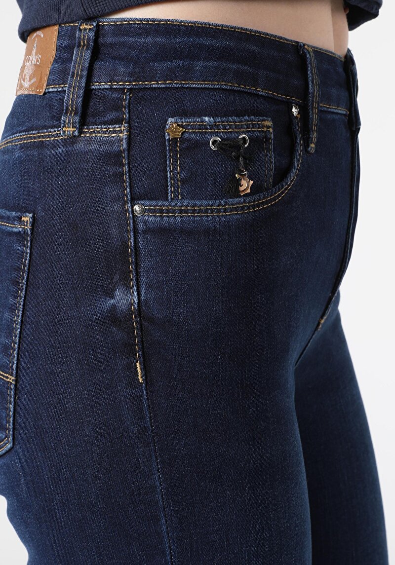 Super Slim Fit Orta Bel Dar Paça Kadın İndigo Jean Pantolon
