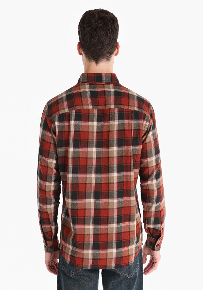 Regular Fit Pamuklu Shirt Neck Ekoseli Erkek Turuncu Uzun Kol Gömlek