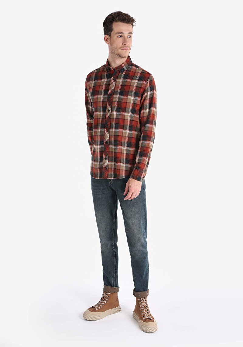 Regular Fit Pamuklu Shirt Neck Ekoseli Erkek Turuncu Uzun Kol Gömlek