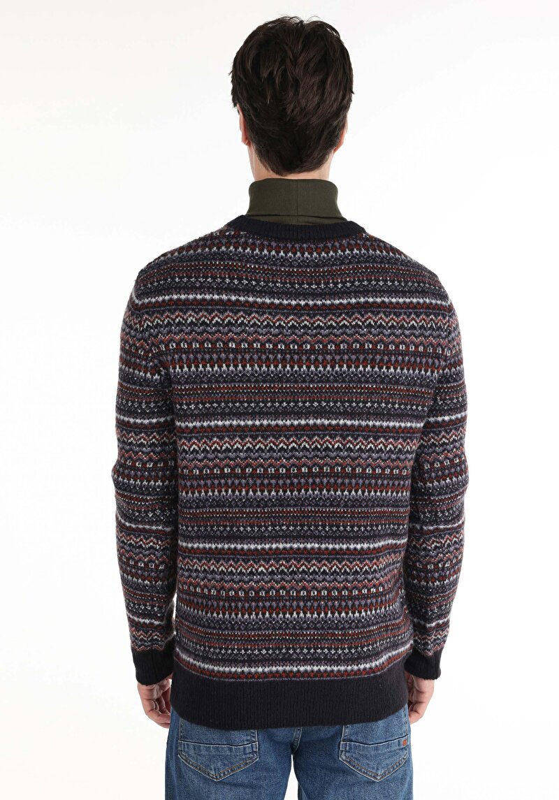 Regular Fit Yuvarlak Yaka Jakarlı Erkek Çok Renkli Kazak