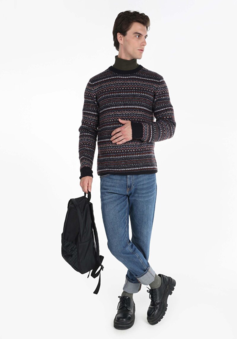 Regular Fit Yuvarlak Yaka Jakarlı Erkek Çok Renkli Kazak