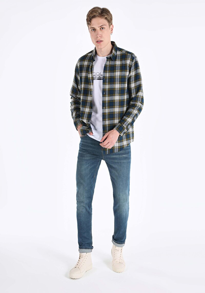 Regular Fit Shirt Neck Ekoseli Erkek Lacivert Uzun Kol Gömlek