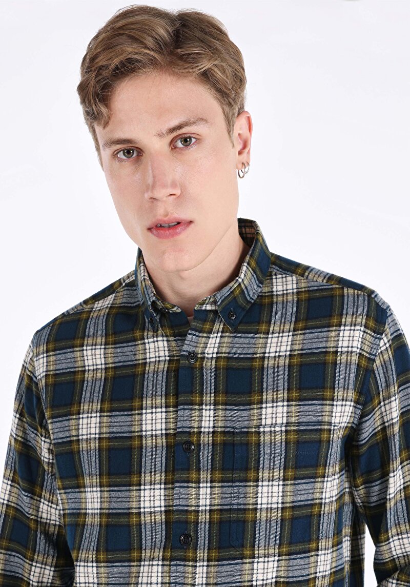 Regular Fit Shirt Neck Ekoseli Erkek Lacivert Uzun Kol Gömlek