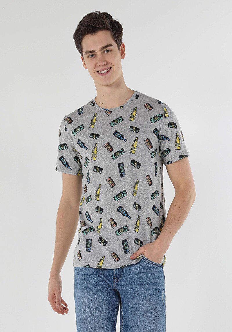 Regular Fit Yuvarlak Yaka Düz Erkek Gri Kısa Kol Tişört