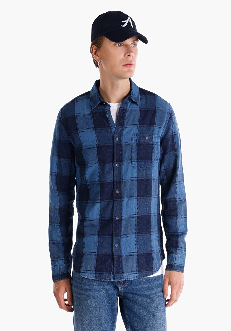 Slim Fit Shirt Neck Cepli Kareli Erkek Mavi Uzun Kol Gömlek