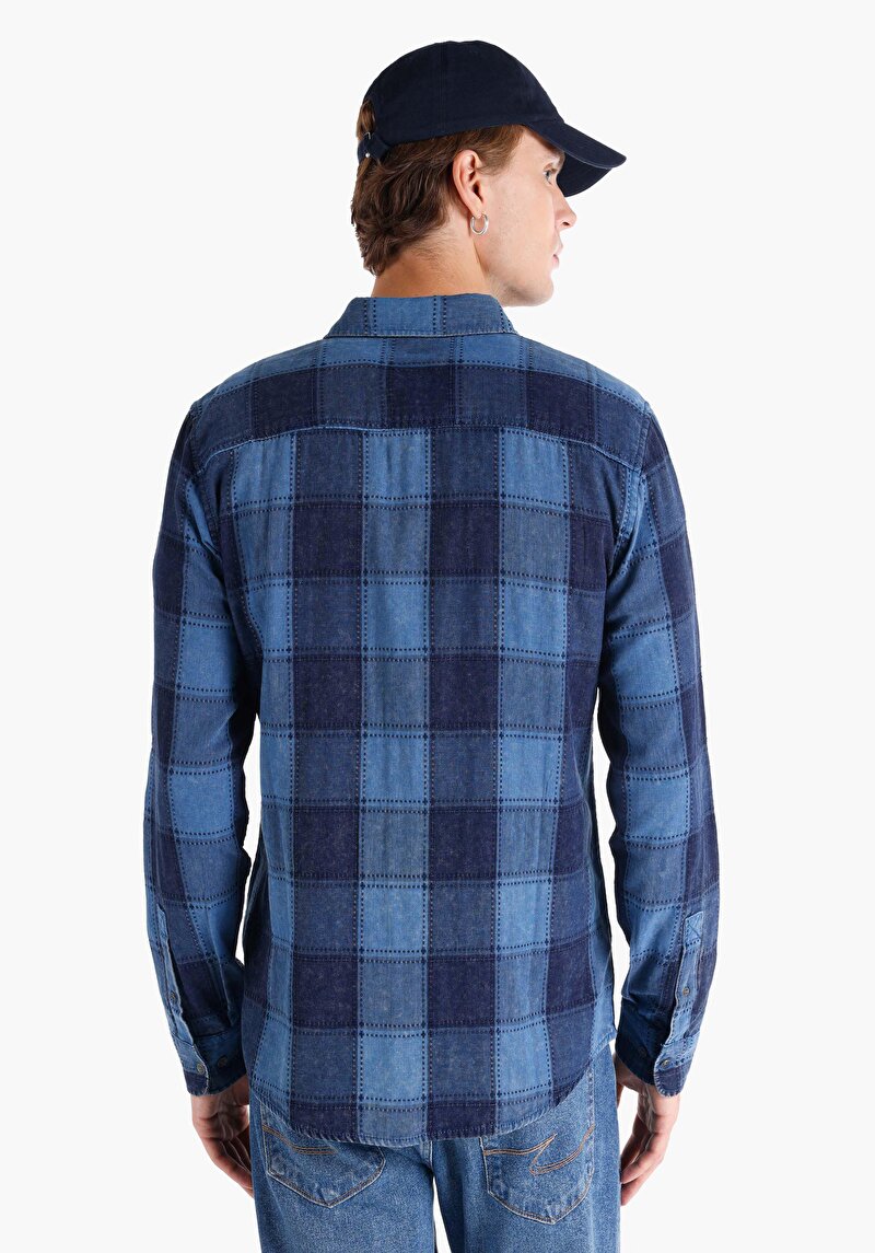 Slim Fit Shirt Neck Cepli Kareli Erkek Mavi Uzun Kol Gömlek