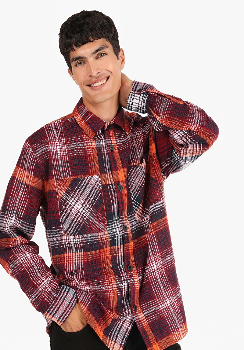 Comfort Fit Shirt Neck Ekoseli Erkek Kirmizi Ekoseli Uzun Kol Gömlek