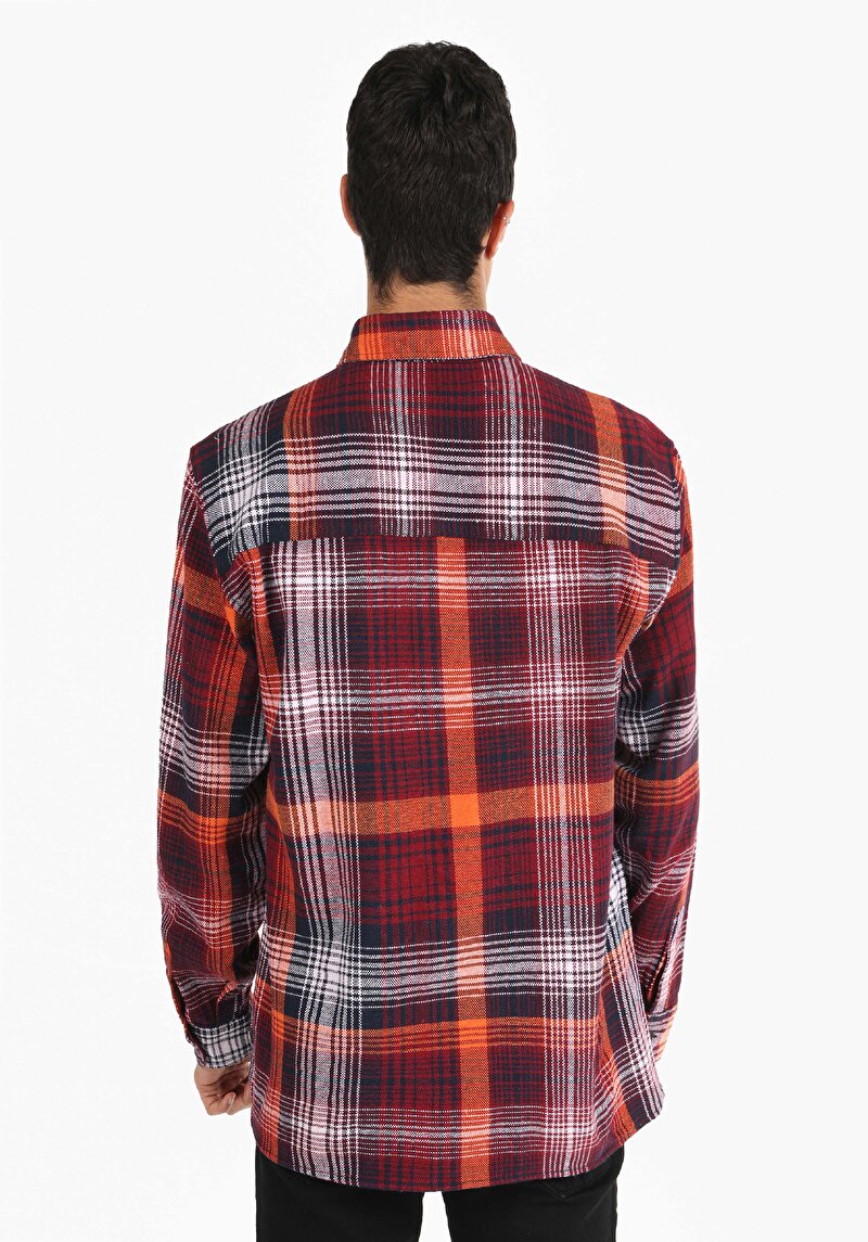 Comfort Fit Shirt Neck Ekoseli Erkek Kirmizi Ekoseli Uzun Kol Gömlek