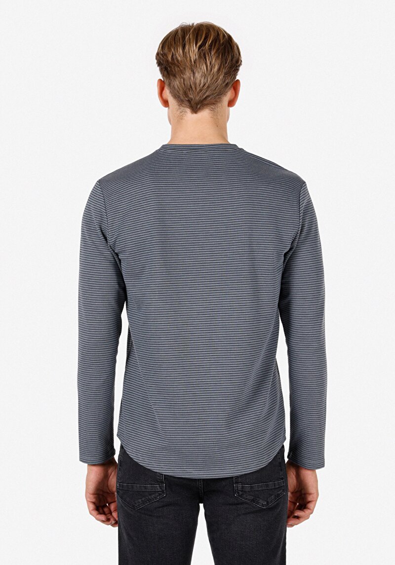 Regular Fit Yuvarlak Yaka Çizgili Erkek Mavi Uzun Kol Tişört