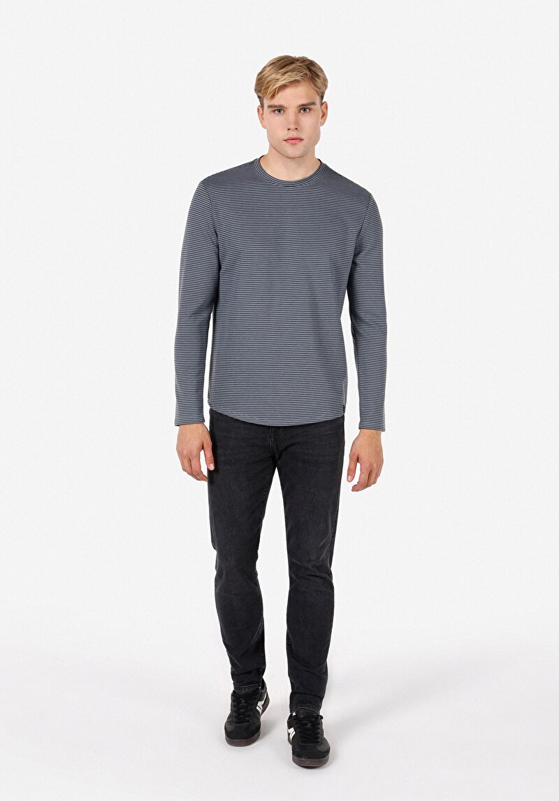Regular Fit Yuvarlak Yaka Çizgili Erkek Mavi Uzun Kol Tişört