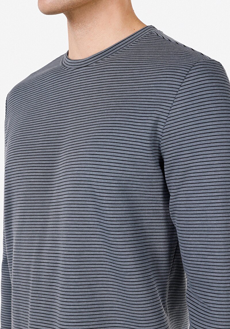 Regular Fit Yuvarlak Yaka Çizgili Erkek Mavi Uzun Kol Tişört