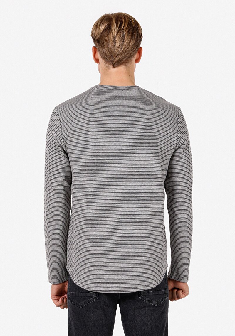 Regular Fit Yuvarlak Yaka Çizgili Erkek Gri Uzun Kol Tişört