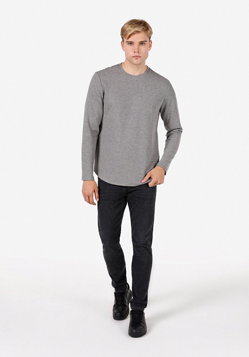 Regular Fit Yuvarlak Yaka Çizgili Erkek Gri Uzun Kol Tişört