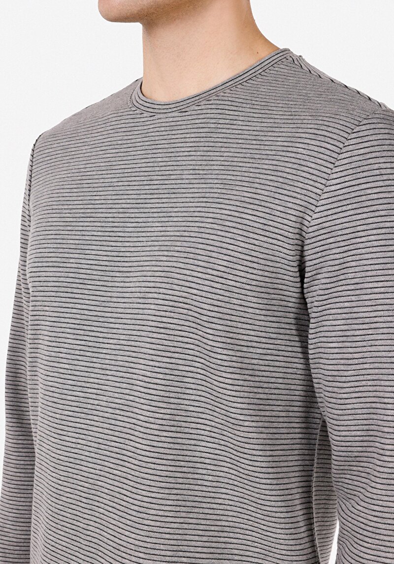 Regular Fit Yuvarlak Yaka Çizgili Erkek Gri Uzun Kol Tişört